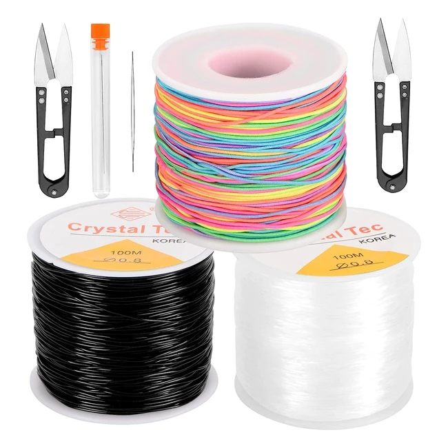 Lot de 3 cordons élastiques pour bracelets - 50m - Noir transparent arc-en-ciel - Idéal pour bijoux et artisanat