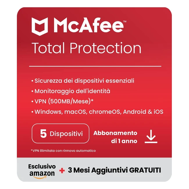 McAfee Total Protection 2023 - Antivirus per 5 dispositivi con VPN - Esclusiva Amazon