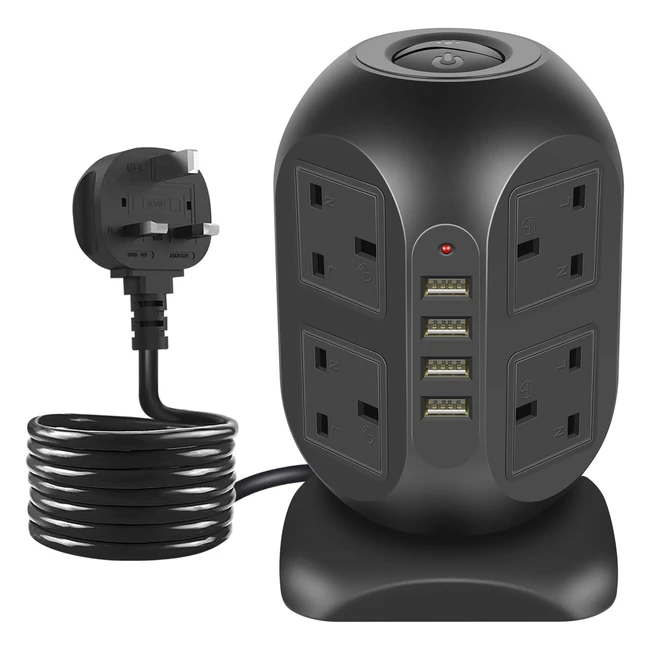 8 Outlet Power Tower with 4 USB Ports, Surge Protection, 4m Extension Cord - Tower Extension Lead 2500W 10A