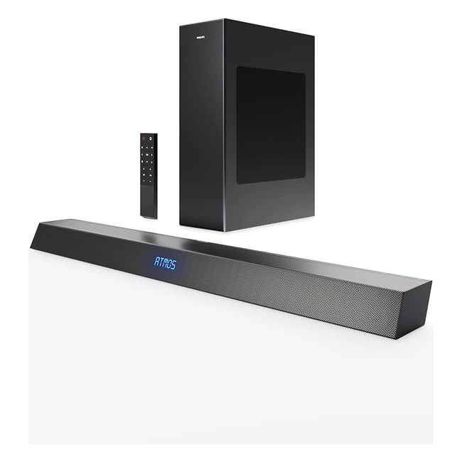 Barra de Sonido Philips B840510 con Subwoofer Inalámbrico, 21 Canales Bluetooth, 240W, Dolby Atmos, Compatible con DTS Playfi y Asistentes de Voz - ¡Sonido Épico!