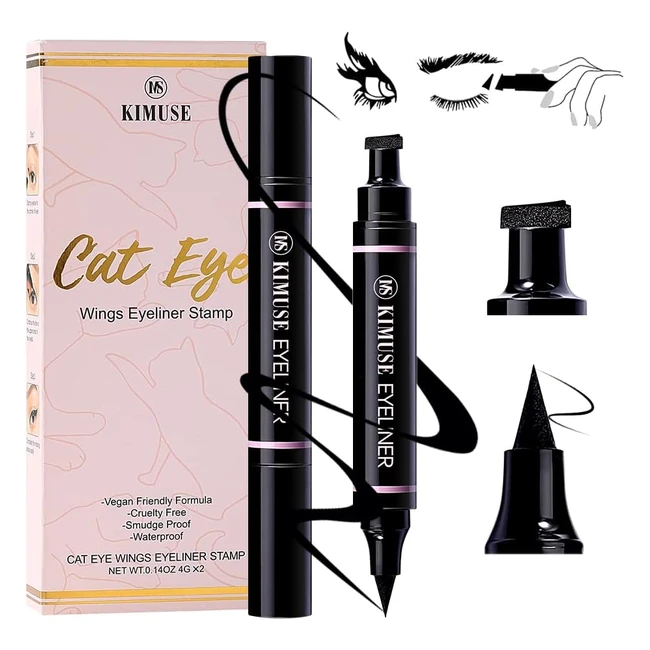 Kimuse Winged Eyeliner Stamp - Waterproof, Smudge Proof, Long Lasting Liquid Eye Liner for Perfect Cat Eye - Double-Ended Pen with Stamp and Felt-Tip Liner - Black