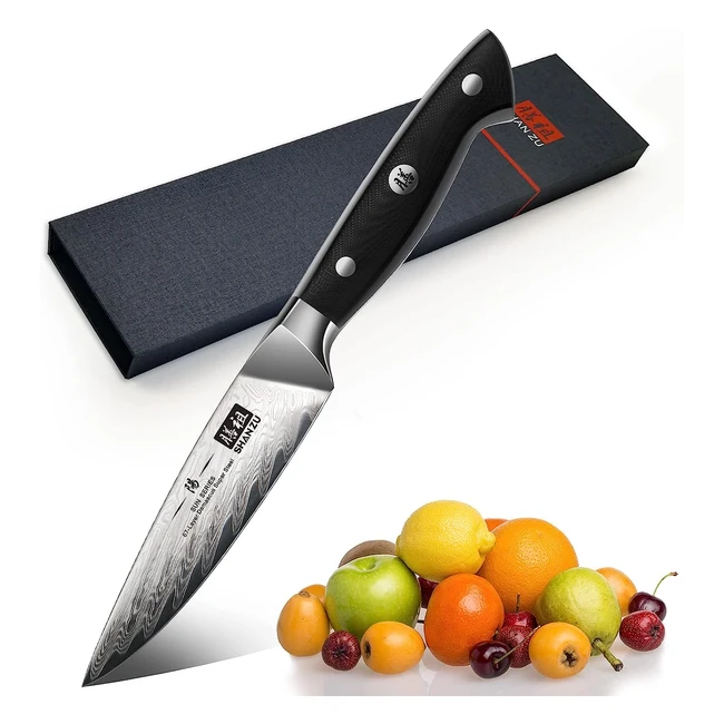 Couteau d'office Shan Zu en acier damas japonais Aus10 6,5cm - Poignée ergonomique G10 - Série Sun