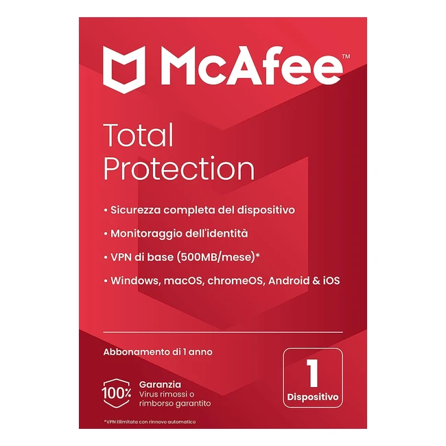 Mcafee Total Protection 2023 - Antivirus per la sicurezza online - 1 dispositivo - Abbonamento di 1 anno