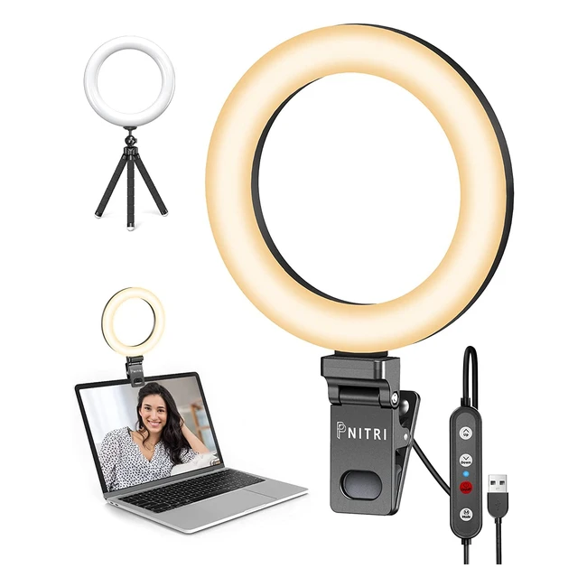 Conference Laptop Ring Light with Clip and Tripod - PNITRI 63 Desktop LED Lamp with 3 Modes and 10 Brightness Levels for Live Streaming, Video Chatting, and Makeup