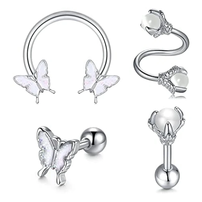 Stainless Steel Helix Tragus Earrings - Moonstone Butterfly Studs for Women Men 