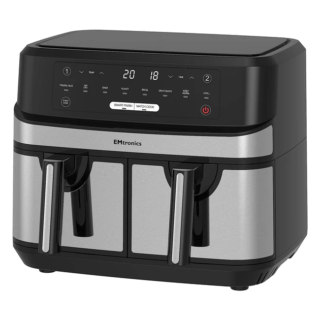 Emtronics EMAFDD9LSL Dual Air Fryer XL - 8 Preset Menus - Oil-Free Cooking - Easy Clean - 99 Minute Timer