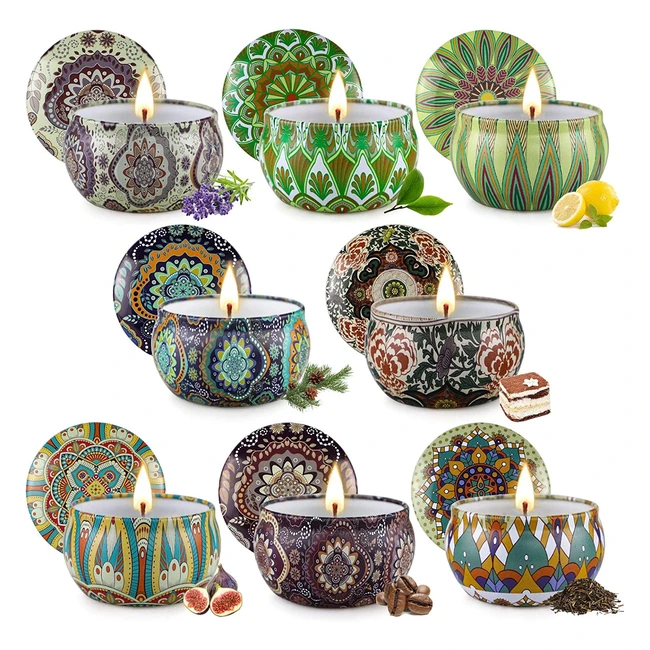 Coffret Bougies Parfumées Cadeau 8 Pièces - Lavande, Figue, Thé Vert, Gateau Coco, Café Whisky - Idéal pour Yoga, Spa, Fête des Mères