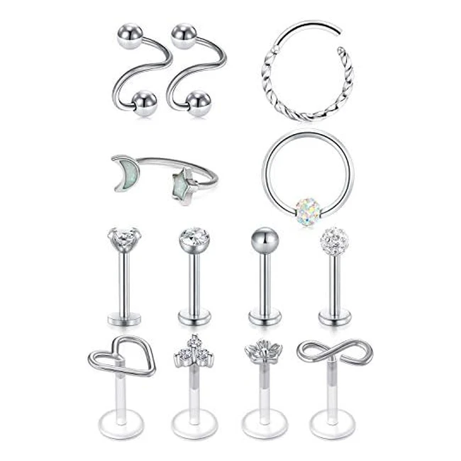 Rajnard Surgical Steel Earrings Set - Tragus, Helix, Cartilage, Daith, Rook, Lip Rings - 16G Piercing Jewelry for Men and Women