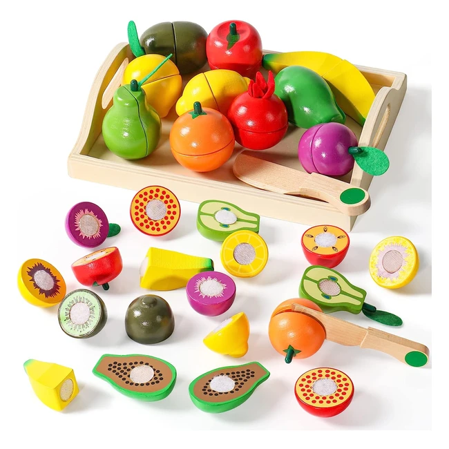 Juguete Montessori cocina de madera para niños de 2 años - Frutas y verduras con cuchillo y plato de madera - Regalo educativo de Navidad para niños y niñas de 2 a 5 años