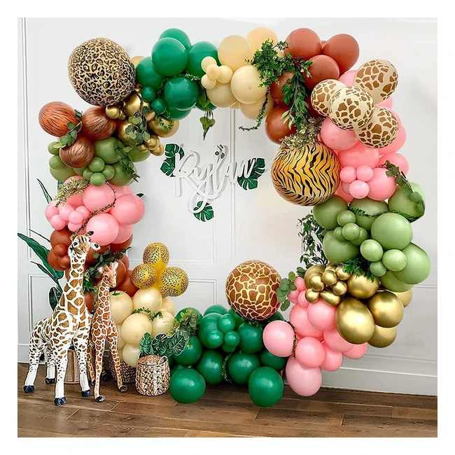 Jungle Safari Balloon Arch Kit - 102 Balloons, Animal Print Foil Balloons, Sage Green, Pink, Apricot, Coffee, Metallic Gold - Baby Shower, Birthday, Wedding, Safari Theme Party Decor