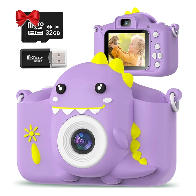 Appareil photo enfant Hangrui 20MP 1080P avec objectif avant et arrière, carte SD 32Go et coque en silicone - Violet
