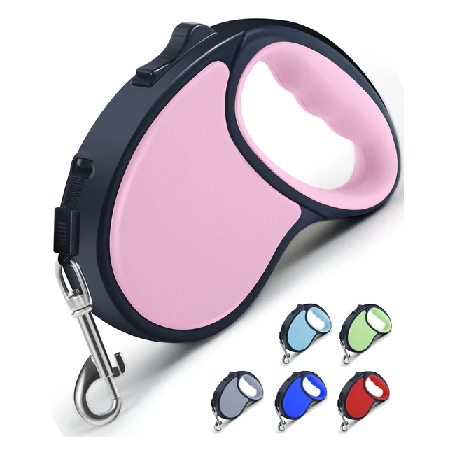 Ancoole Retractable Dog Lead - 5m/16ft Nylon Tape, 360° Tangle-Free, Anti-Slip Handle, One-Handed Brake - Pink