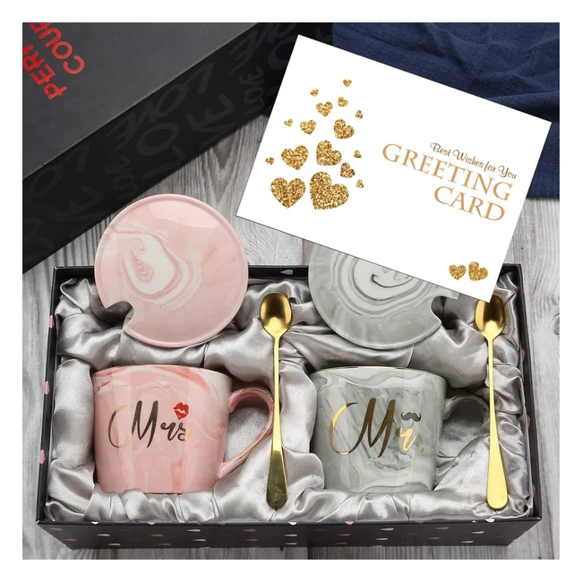 Mugs Mr et Mrs en céramique marbrée 12 oz - Cadeau de mariage, fiançailles et anniversaire pour couples mariés