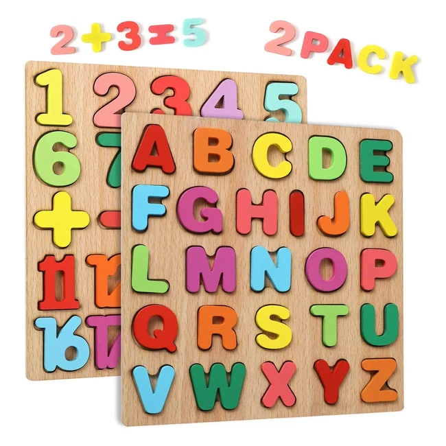 Wooden Jigsaw Puzzles for 2-4 Year Olds - 20 Piece Numbers and 26 Piece ABC Alphabet - Early Education Recognition Toys