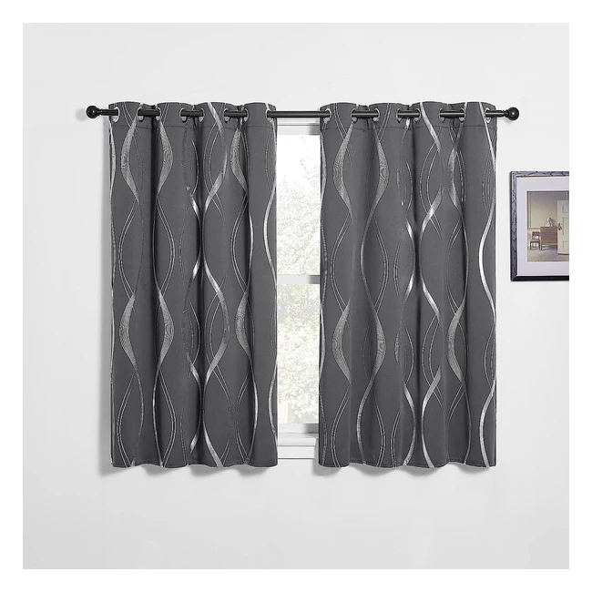 Pony Dance Grey Blackout Curtains - Short Eyelet Pair for Kids Bedroom & Living Room - Thermal & Soundproof with Silver Wave Line Foil Print