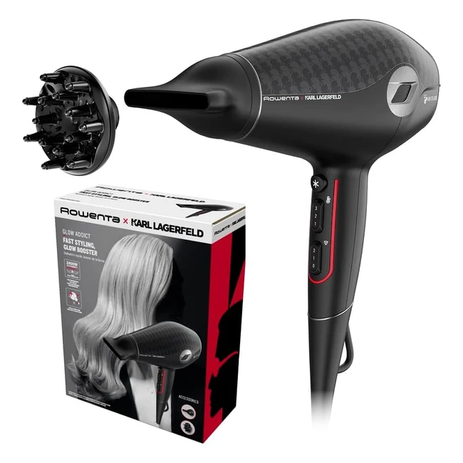 Secador de Pelo Rowenta x Karl Lagerfeld CV613L con Tecnología Híbrida y Revestimiento de Keratina Glow - 6 Ajustes de Velocidad/Temperatura, Boquilla Concentradora y Difusor - Golpe de Aire Frío