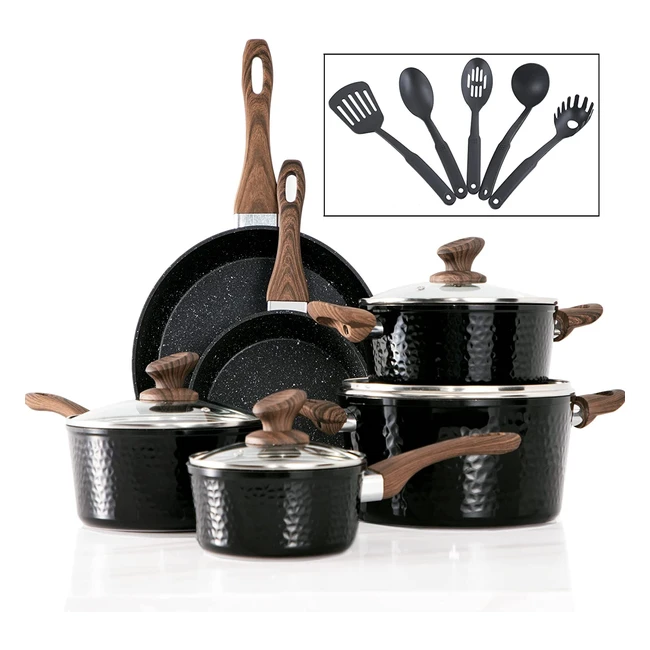 15-Piece Nonstick Induction Cookware Set - Granite Hammered Finish