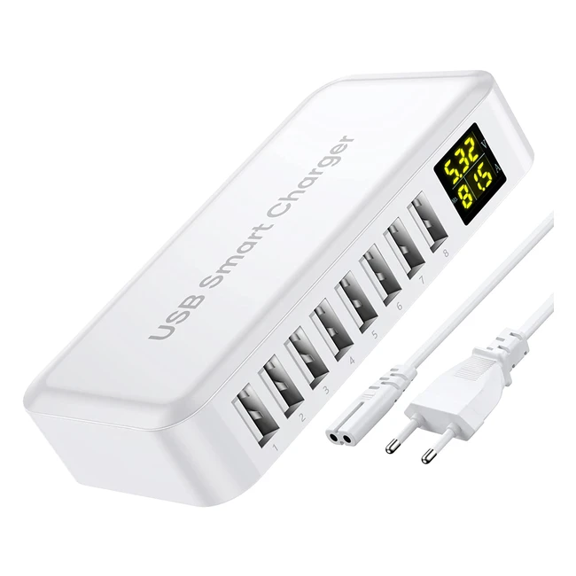 Cargador USB inteligente de 8 puertos con pantalla LCD para carga rápida de dispositivos móviles - Blanco