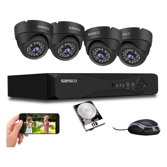 Sansco 5MP 8-Channel DVR Outdoor CCTV System - 1TB HDD, 4x 1080P Dome Cameras, Face Detection, Remote Access