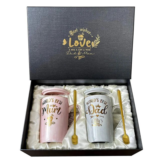 Gold Painted Ceramic Coffee Cup Gift Box - Best Mum and Dad Gifts for Birthday and Wedding - 14oz Marble