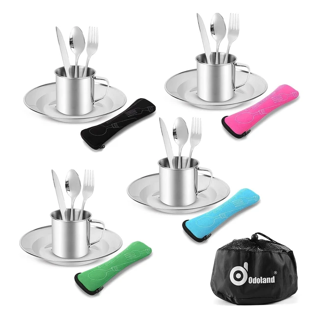 Odoland Camping Cutlery Set - Stainless Steel Tableware Mess Kit with Plate, Cup, Fork, Spoon - 7 in 1 Flatware Kit with Mesh Bag