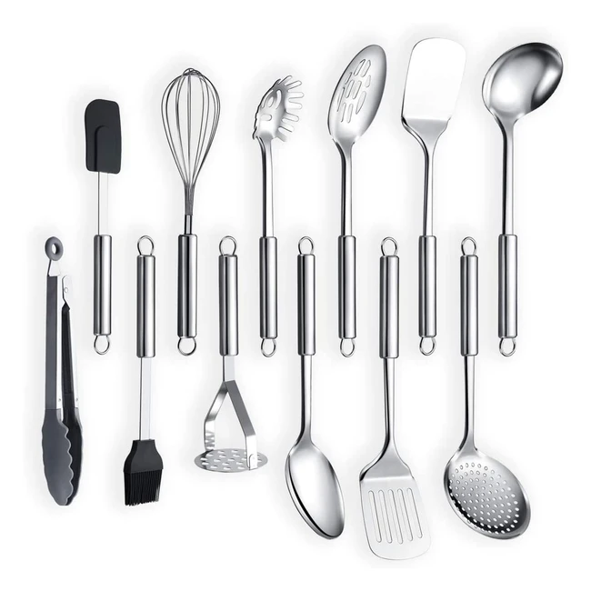 Ensemble de cuisine en acier inoxydable 12 pièces Berglander - Louche, écumoire, retourneur, coupe-pâte, fouet, pince, spatule, etc.