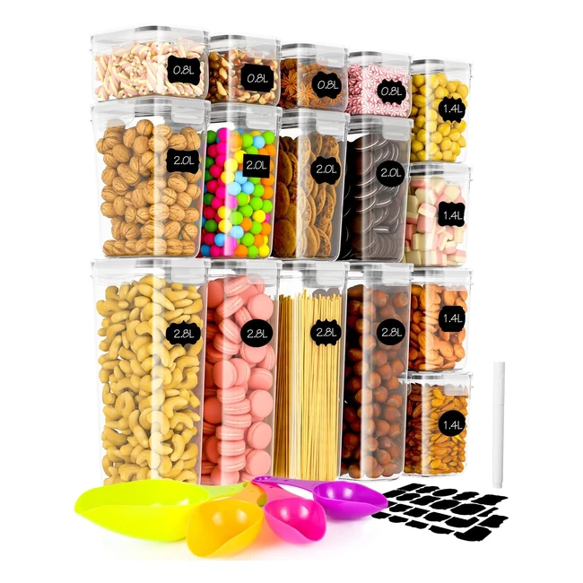 Juego de 16 recipientes herméticos para alimentos de plástico con etiquetas y cucharas medidoras - Capacidad 2L, 8L, 16L, 28L