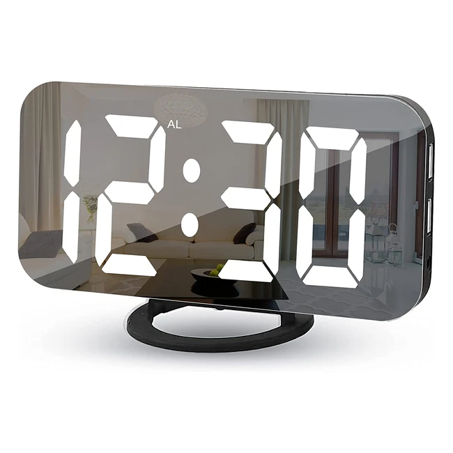 Réveil Numérique LED avec Miroir - 3 Niveaux de Luminosité, 2 Ports USB, Mode Snooze, Facile à Programmer