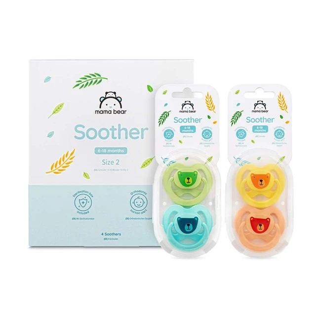 Mama Bear Schnuller mit Sterilisationsbox, 4er Pack, 6-18 Monate, BPA-frei