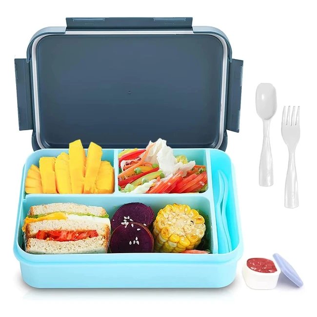 Bugucat Lunch Box 1250ml - Bento Box Porta Pranzo Scuola - 3 Scomparti - Posate Incluse - No BPA - FDA Approvato