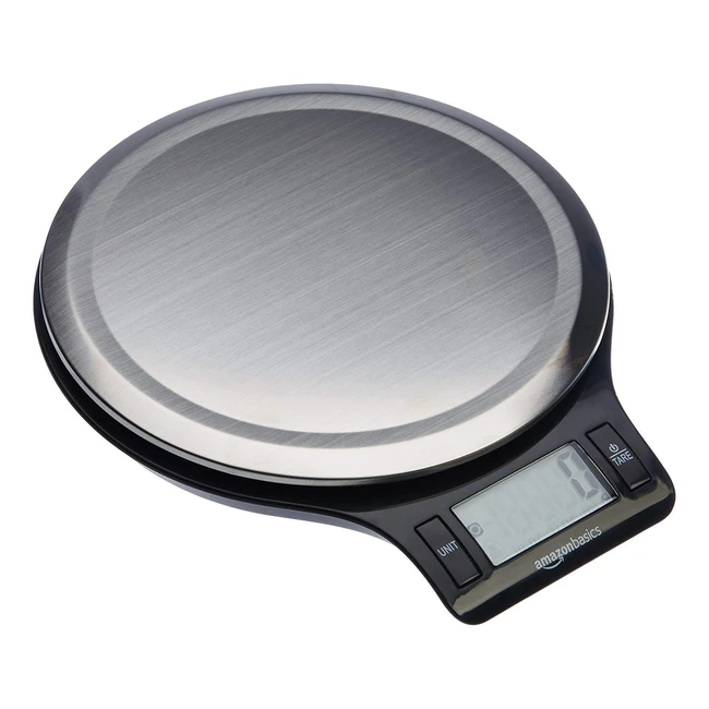 Amazon Basics Küchenwaage aus Edelstahl mit LCD-Display und Batterien - BPA-frei - bis zu 5 kg Messgewicht