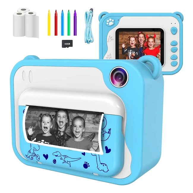 Appareil photo instantané pour enfants Ushining HD 1080p, caméra numérique et vidéo pour filles et garçons de 3 à 12 ans - 32 Go carte incluse - Bleu
