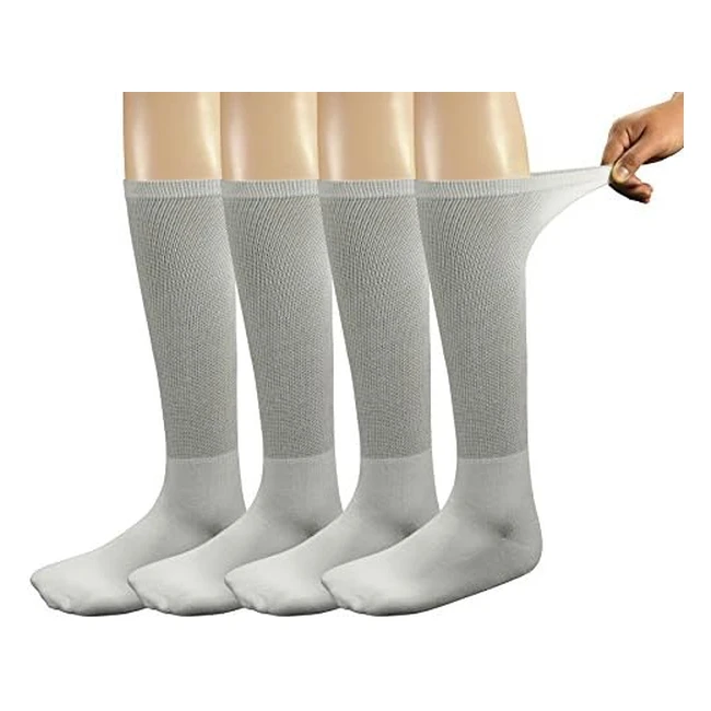 Yomandamor Men's Diabetic Socks - Over the Calf, Loose Top, White/Black (4 Pairs)