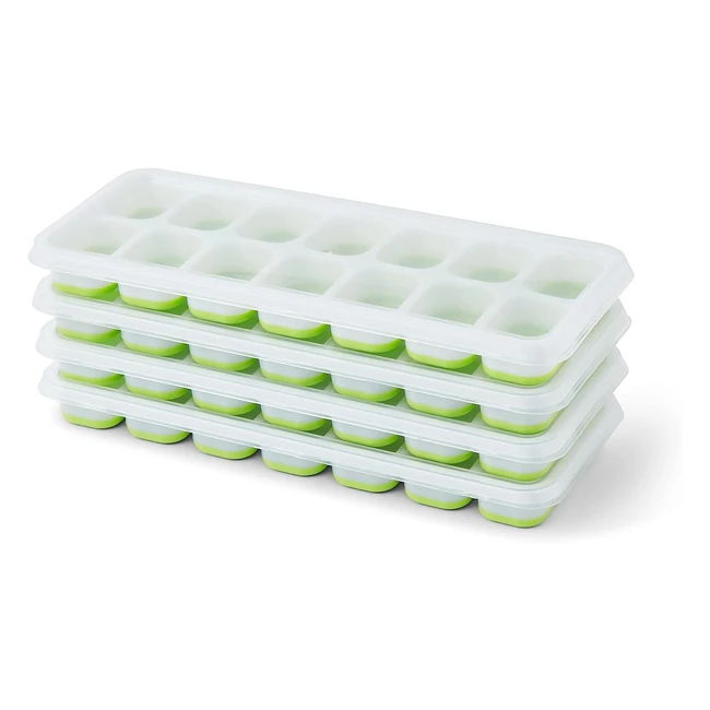 Keplin 4pk Silicone Ice Cube Trays with Nonspill Lids - Easy to Remove, LFGC Certified, BPA Free, Flexible Moulds for Baby Food, Cocktails, and More - Green