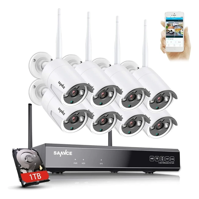 SANNCE Wireless CCTV Camera System - 8CH 5MP NVR, 3MP Outdoor Security IP Cameras, Alexa Compatible, Motion Detection, Remote Access, 1TB HDD