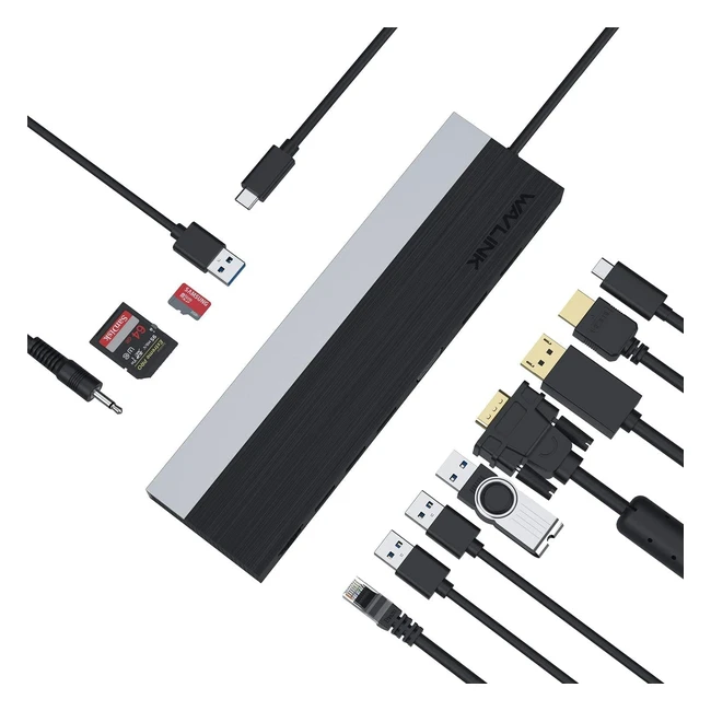 Docking Station USB C Wavlink Triple Display con PD100W, HDMI, VGA, 2 USB 3.0 y 2 USB 2.0, Ethernet, Lector de Tarjetas SD y Micro SD, Audio y Micrófono