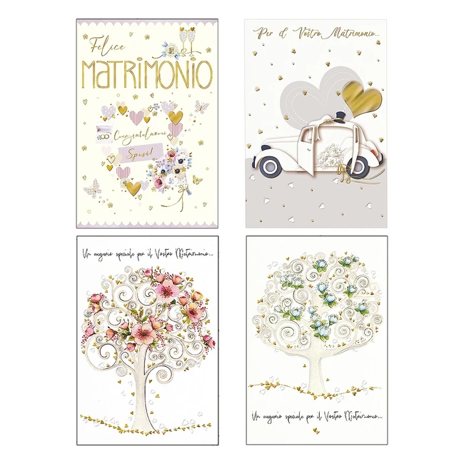 Set 4 Biglietti Auguri Matrimonio con Bustina Portasoldi - Effetto Oro Rilievo 17x12 cm
