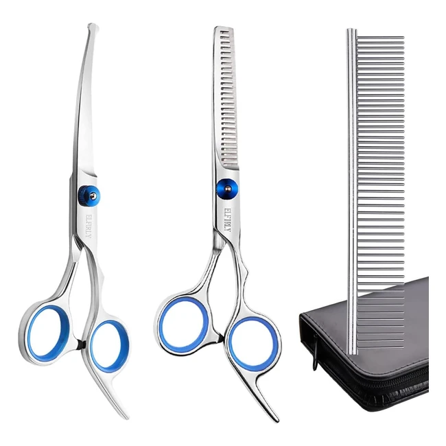 Elfirly Dog Grooming Scissors Set - Safe, Sharp, and Durable - 2 Pack Curved Scissors and Thinning Shears with Grooming Comb for Dogs and Cats