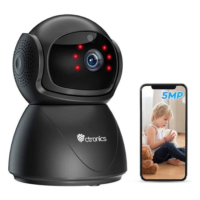 Caméra Surveillance WiFi Intérieure Ctronics 5MP 2.4/5GHz 360° PTZ IP avec Détection Humaine/Mouvement, Vision Nocturne IR 20m, Audio Bidirectionnel pour Animaux - Réf. 12345
