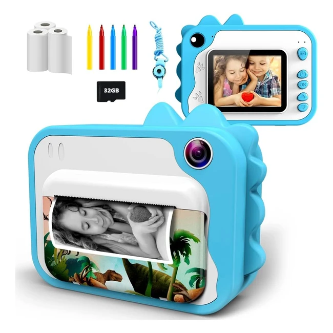 Instant Print Camera for Kids - Upgrade 241080p HD Video Camera with No Ink Thermal Printing, 32GB SD Card, 3 Rolls of Printing Paper, and 5 Colored Pens - Perfect Toy Gift for Boys and Girls 4-12 Years Old