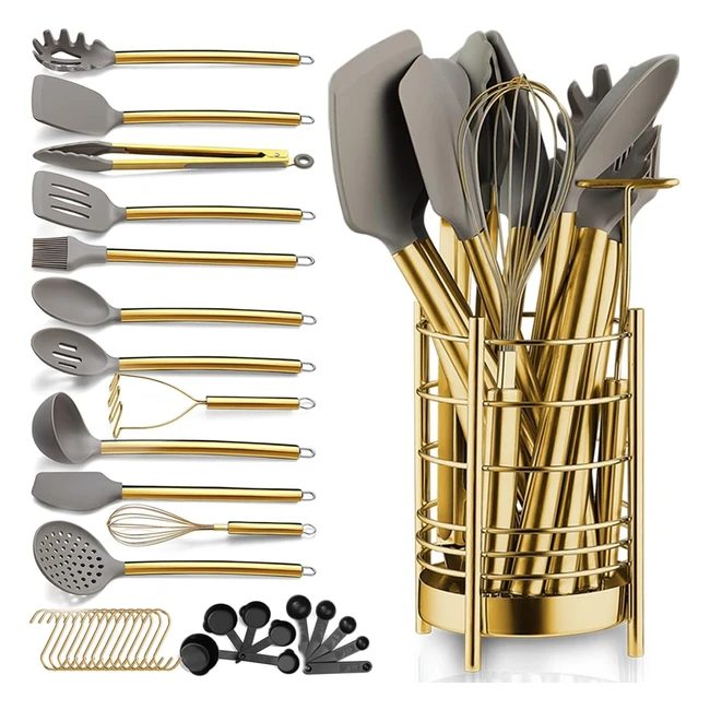 Juego de utensilios de cocina dorados antiadherentes de 38 piezas con soporte de acero inoxidable