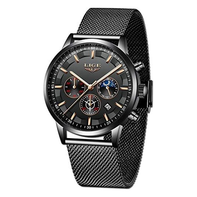 Reloj de hombre Lige, impermeable, fase lunar, acero inoxidable, correa de malla