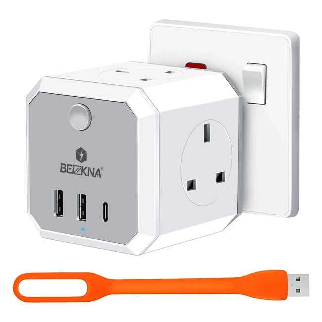 4 Way Multi Plug Extension with USB-C and USB-A Ports - 13A UK Cube Multiplug Switched Power Extender