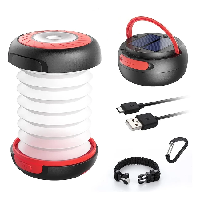Globalink Camping Lantern LED Rechargeable Solar/USB Powered Collapsible Tent Light with First Aid Whistle - Perfect for Outdoor Hiking, Tent, Garden, and Emergency Charger for Phone