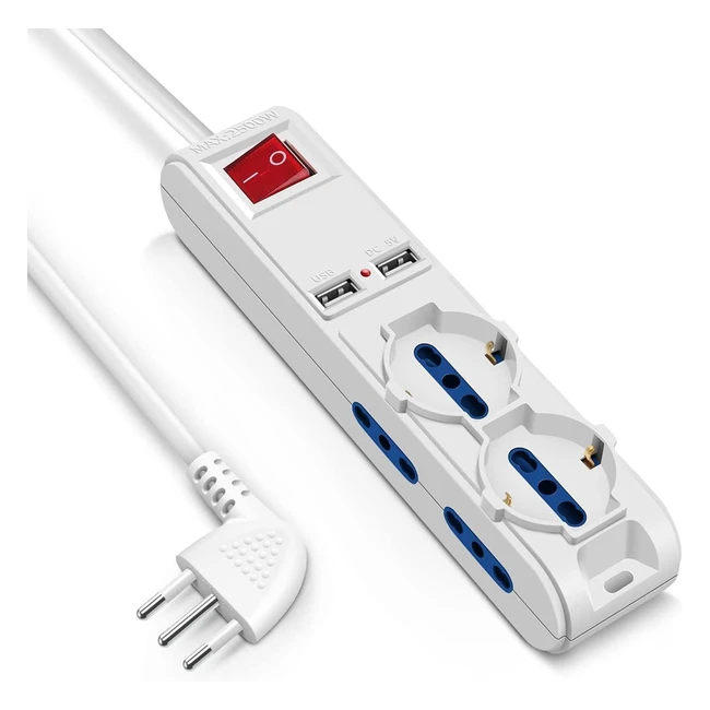 Multipresa con USB Mscien 6 posti 2 polivalenti Schuko 1016A 4 bivalenti 1016A 2 prese USB 2A - Bianco
