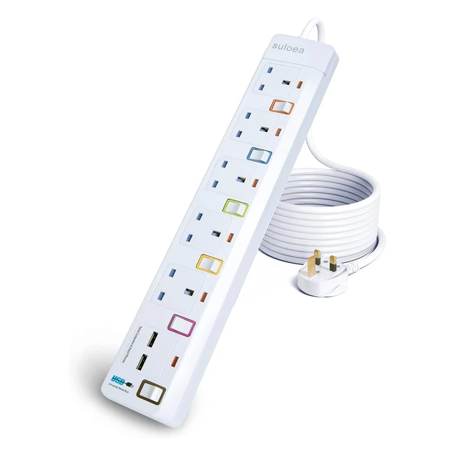 18m Extension Lead with Surge Protection, 5 AC Outlets, 2 USB Slots, Individual Switches - White