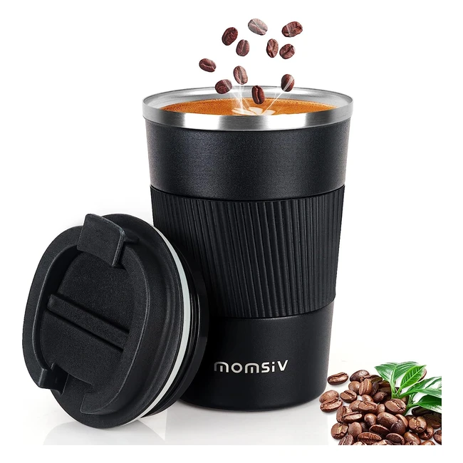 Momsiv Insulated Coffee Cup - Leakproof Lid, Nonslip, Reusable Stainless Steel Mug for Hot and Cold Drinks - 380ml, 13oz, Black