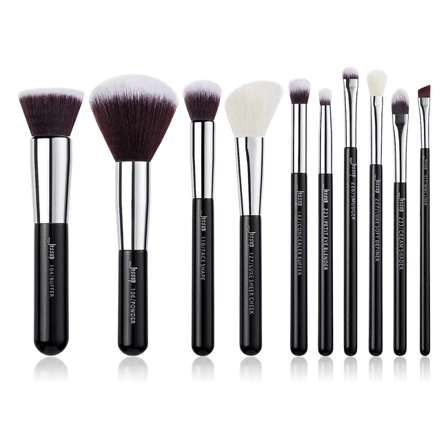 Pennelli Trucco Jessup 10pz - Setole in Fibra Morbida - Kit Trucco Argento Nero T176
