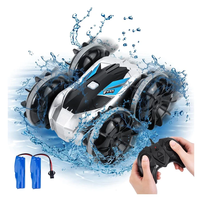 Coche Teledirigido Anfibio 360 Giratorio para Niños - Impermeable 24GHz 4WD con Dos Baterías Recargables - Regalo de Cumpleaños y Navidad