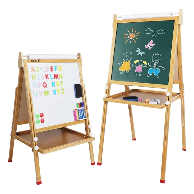 Chevalet enfant en bambou naturel double face, réglable en hauteur, avec rouleau de papier, aimant, cadeau créatif loisir, jouet éducatif pour enfant - Dripex